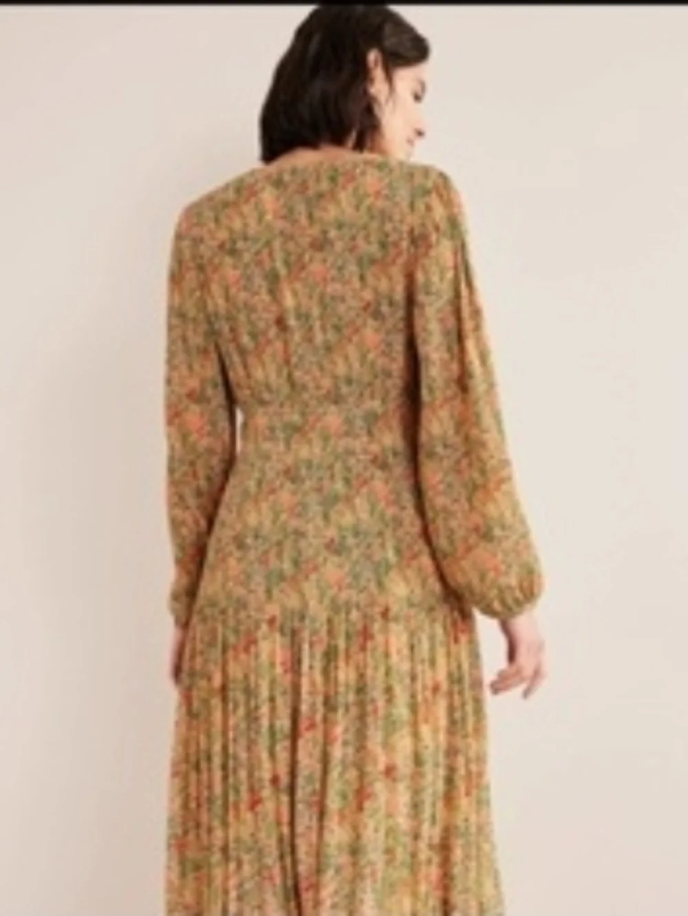Boden Floral V-Neck Long Sleeve Midi Dress in Green and Beige - Size 14R - Picture 3 of 11